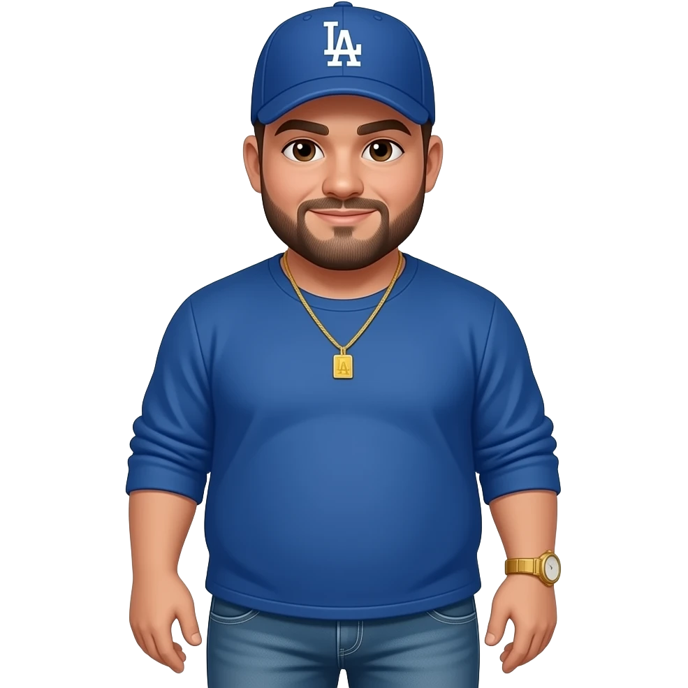 Chubby man with brown eyes and light honey skin tone and lightly shaved black beard wearing a blue Los Angeles Dodgers logo baseball cap wearing a long sleeve blue shirt wearing a gold tennis necklace and a gold wrist watch wearing denim jeans writing emoji