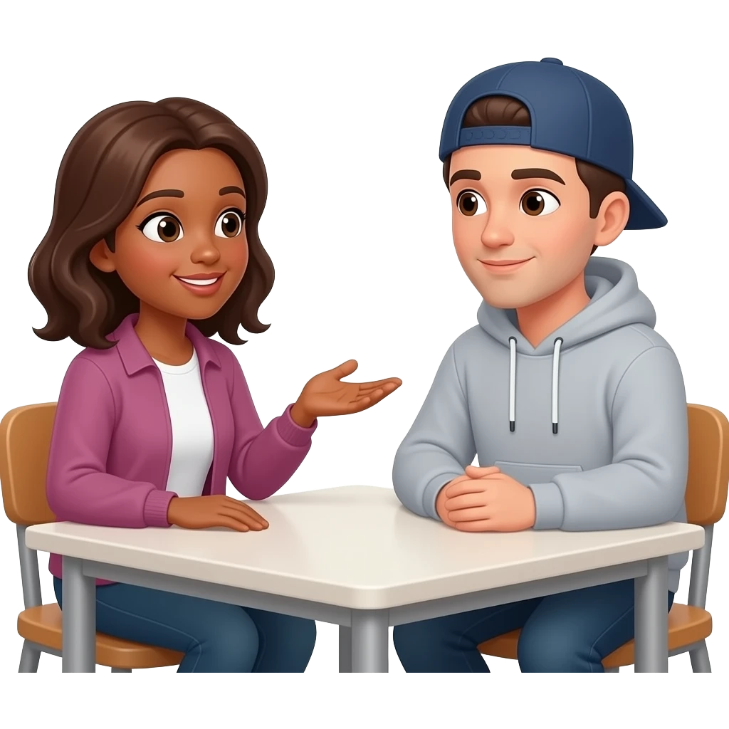 Adult woman with brown skin and brown hair talking to adult man with brown skin and dark hair, sitting at a table next to a teenager wearing a cap and a large sweatshirt emoji