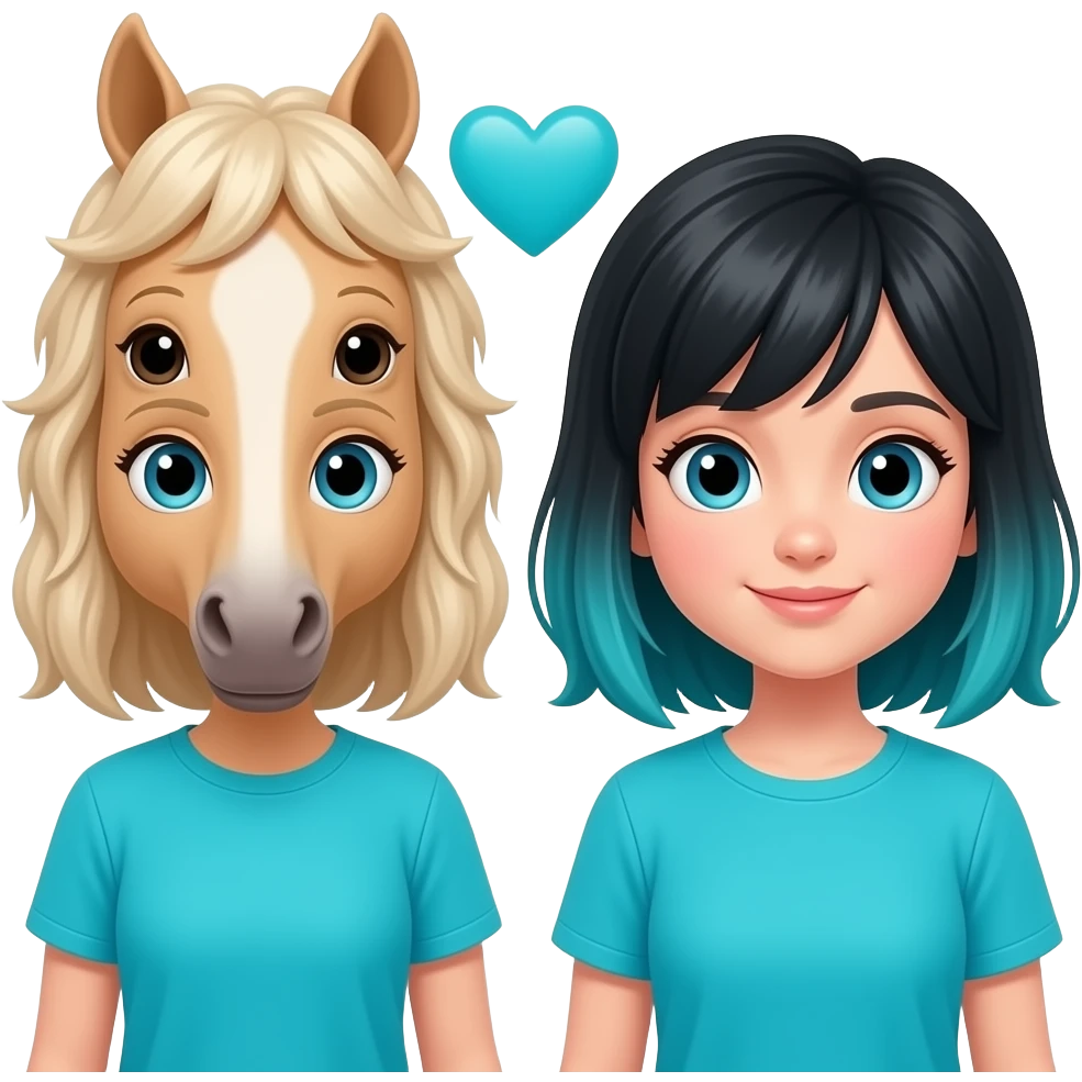 I would like an emoji with a palomino horse facing a girl with blue eyes and longer black and turquoise hair in turquoise shirt with an  turquoise heart in between them.  A palomino horse is a light tan color with blonde hair emoji