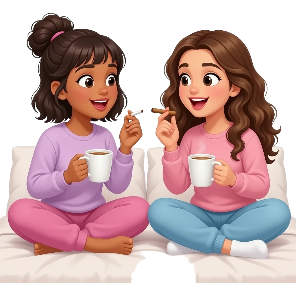 A black girl with bangs, a messy bun and shoulder length hair and a Hispanic girl with wavy long dark blonde hair gossiping while smoking blunts and drinking tea out of tea cups and wearing sweats sitting on a bed. We both have surprised smiling look on our faces emoji