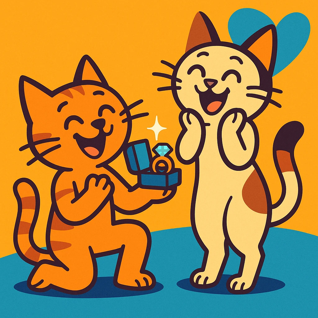one happy cat proposing marriage to another happy cat, cartoon style, joyful, expressive, with a ring or proposal gesture emoji