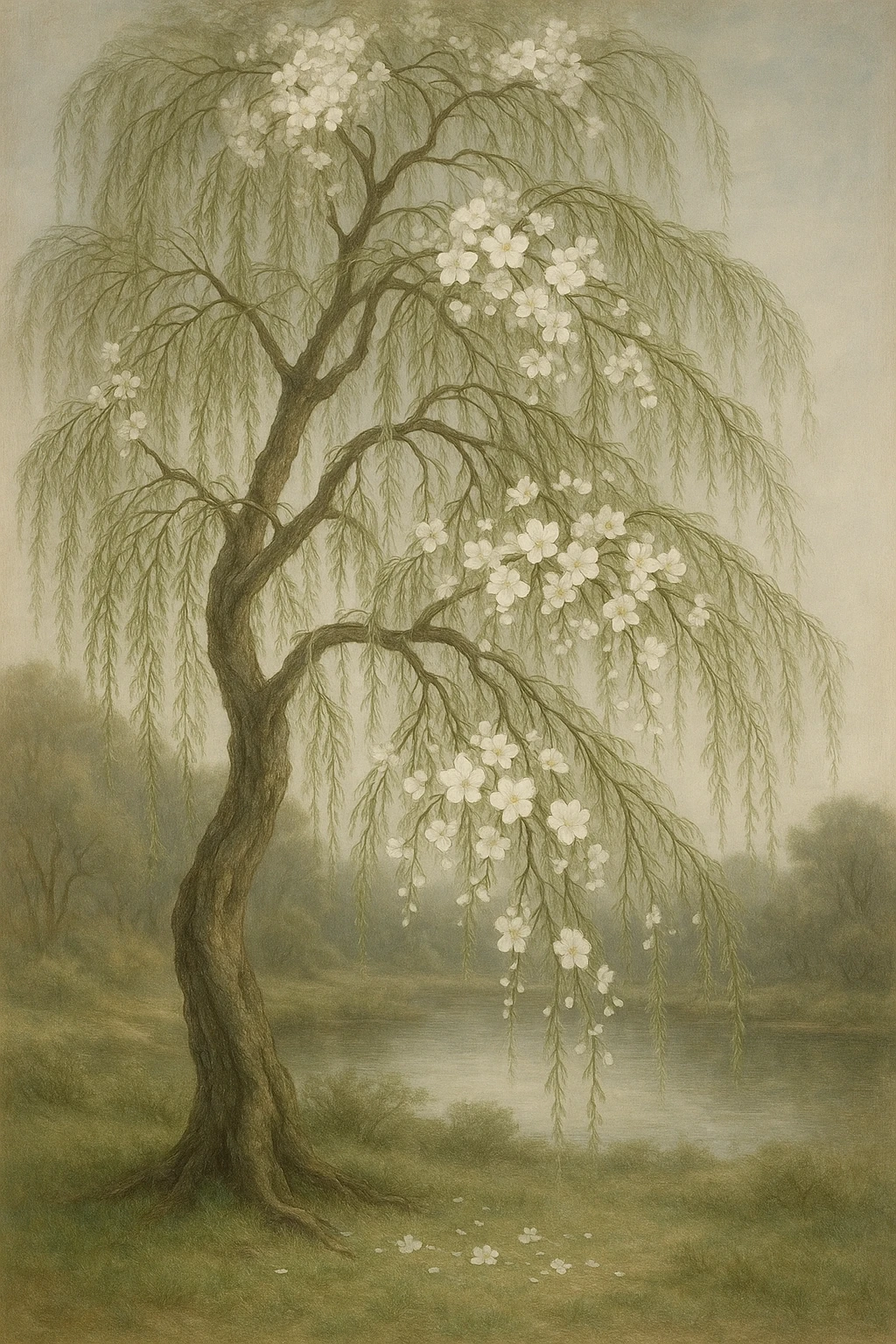 willow tree with white flowers, elegant, natural, detailed emoji