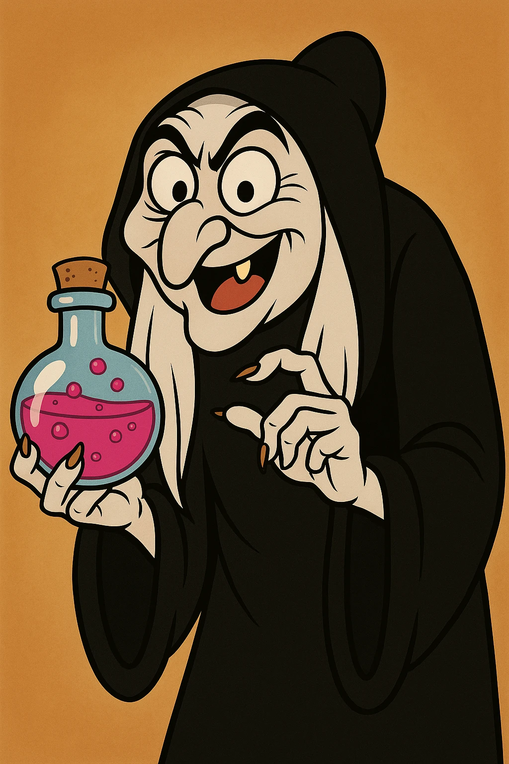 Create a cartoon style image of a Snow White witch with exaggerated features and pale skin, facing the camera and holding a potion bottle. The style should be vibrant and expressive, capturing the witch's mystical and enchanting aura. emoji