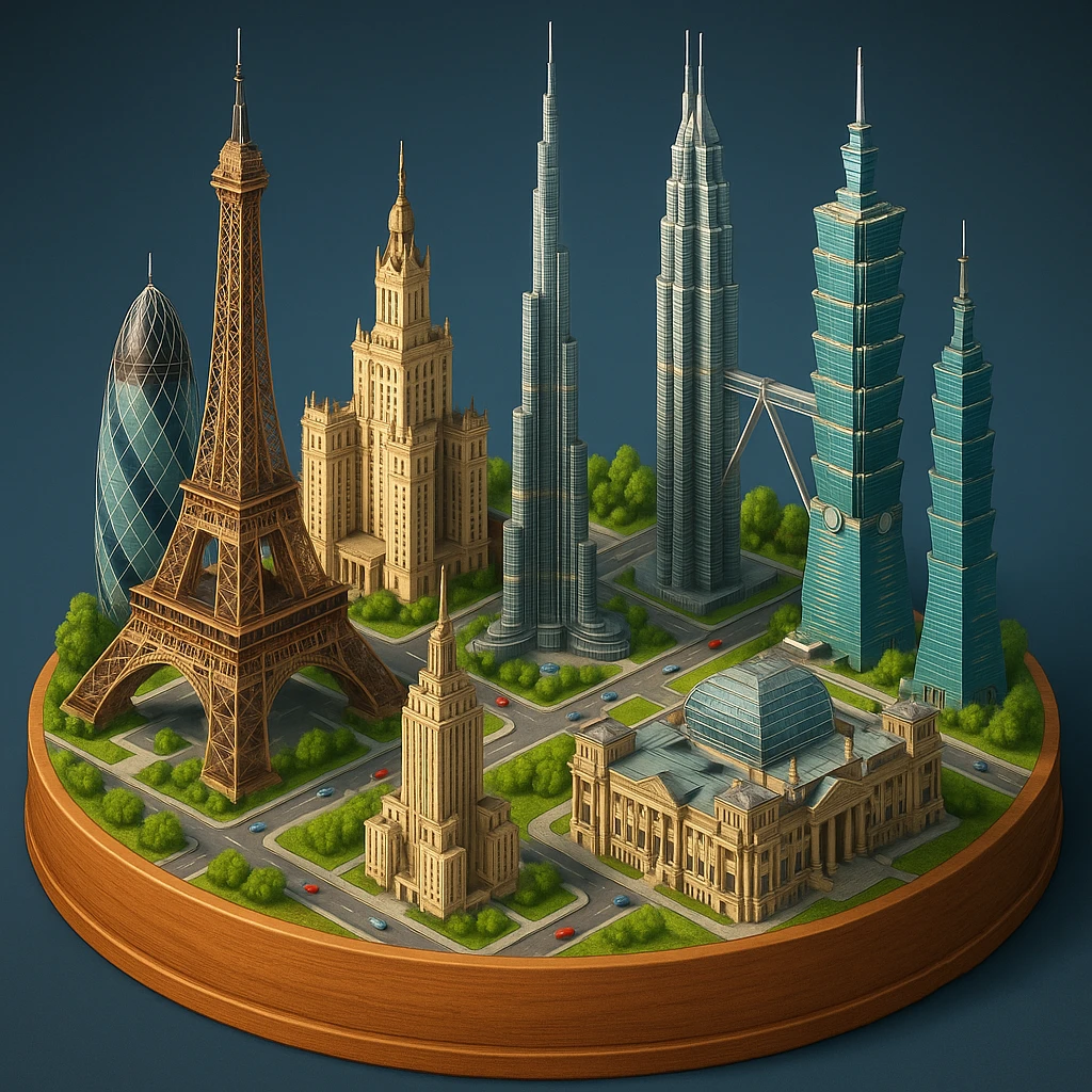 Оставь основу картинки - деревянную подставку, но при этом сгенерируй изометричная, яркая, детализированная и фотореалистичная иллюстрация где будет самые узнаваемые здания мира Эмпайр Стейт Билдинг, Эйфелева башня, здание МГУ, Бурдж-Халифа, Башни Петронас, Небоскрёб Фостера в Лондоне, Рейхстаг, Тайбэй emoji