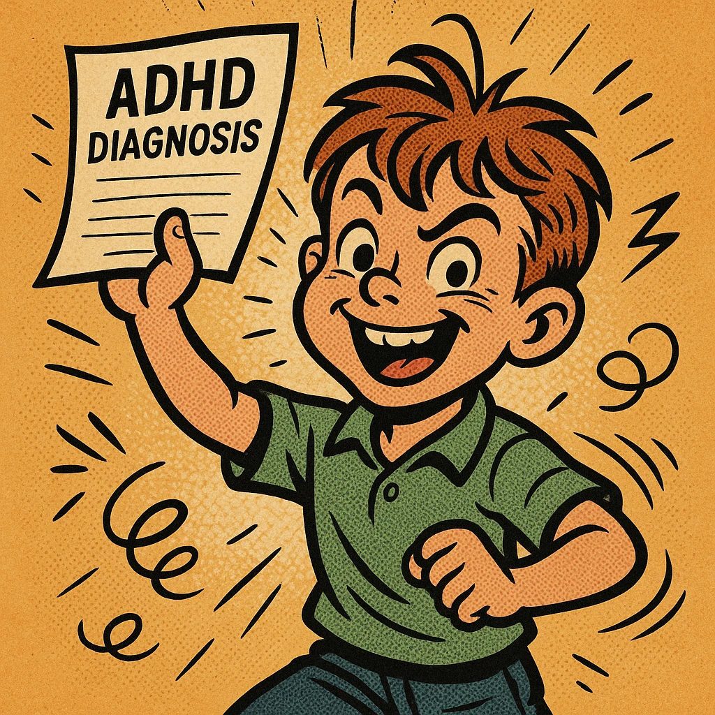 A lively child with a mischievous grin, waving a paper titled 'ADHD Diagnosis', surrounded by doodles and motion lines, in a dynamic comic style emoji