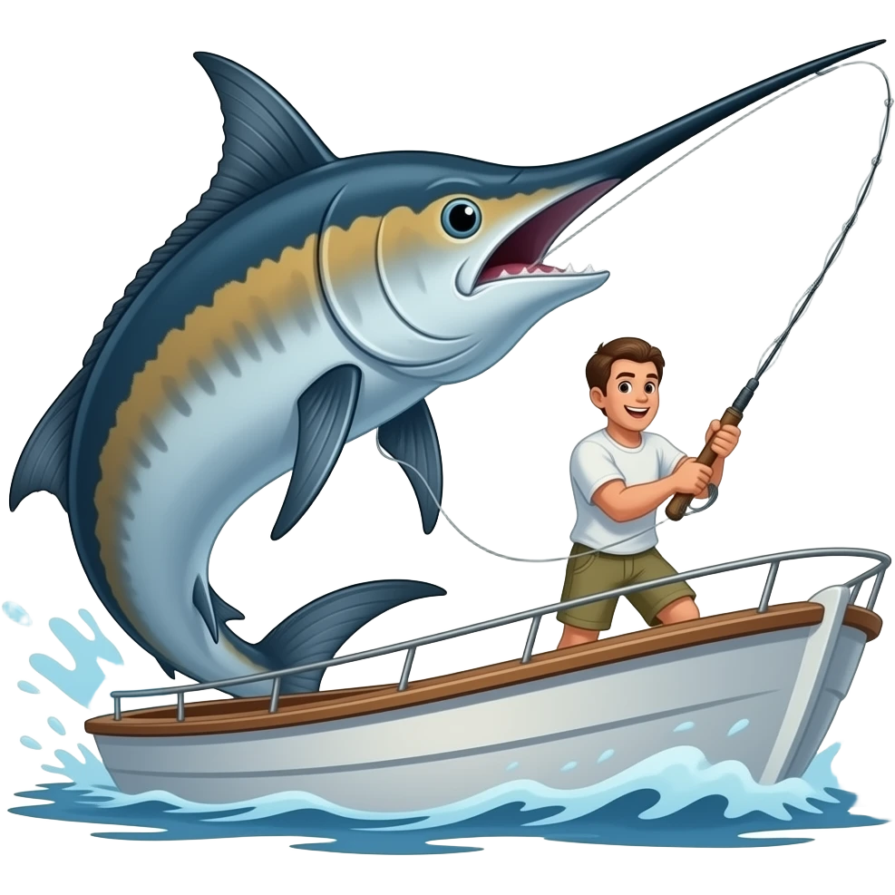 a guy on a big boat reeling in a massive marlin fish emoji