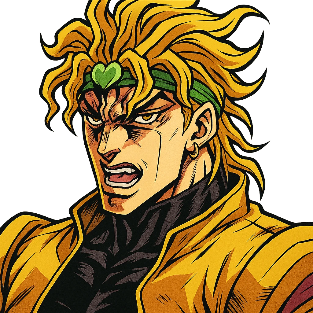Dio Brando, menacing expression, stylized with bold lines, vibrant colors, JoJo's Bizarre Adventure vibe emoji