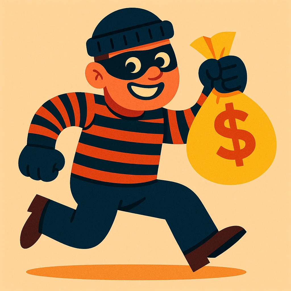playful illustration of a robber character with mask, striped shirt, and money bag emoji