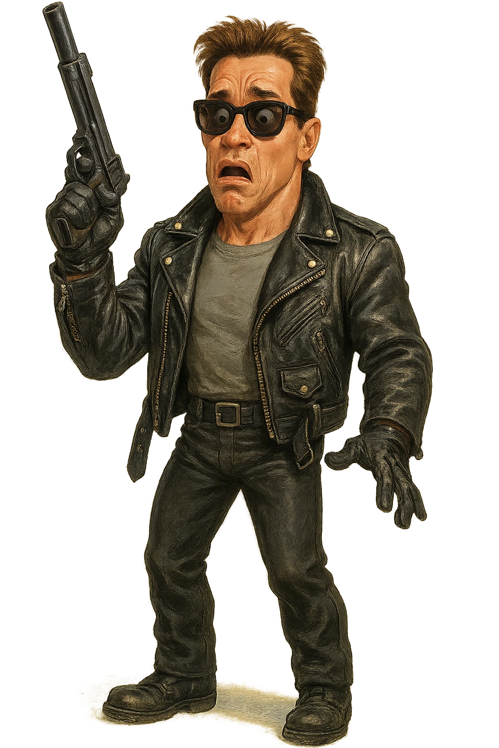 Full-body Terminator Arnold Schwarzenegger in leather jacket, surprised face, holding a gun raised, realistic painted cartoon style emoji