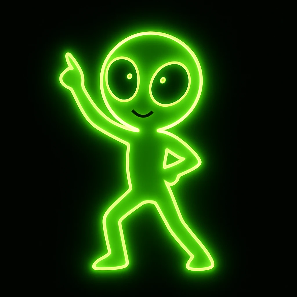 An alien dancing in a neon green color with a minimalist style and glowing effect, in a different pose. Focus on neon green glow and minimalist design. emoji
