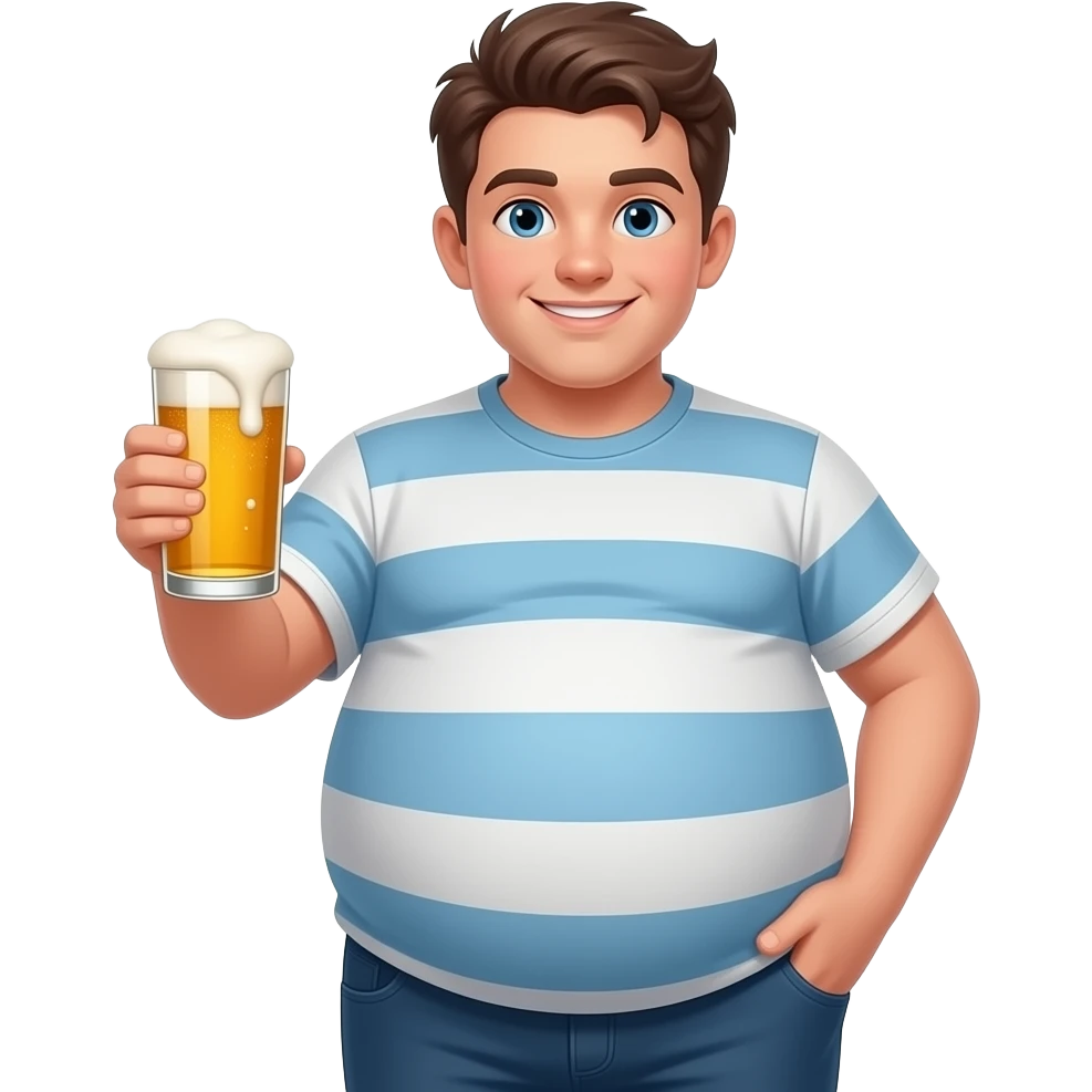 Zrób chłopak 15 latek z piwny brzuchem kształt jak piłka twarty brzuch i bardzo ogromny brzuch i trzyma piwo emoji
