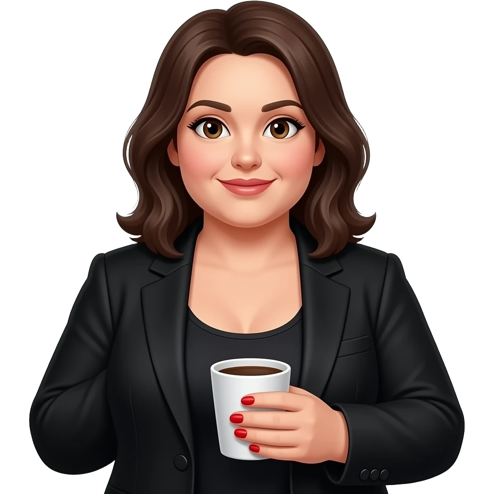 chubby white woman with dark brown shoulder length hair  and brown eyesin a black suit and tank top with red fingernails holding a cup of coffee emoji