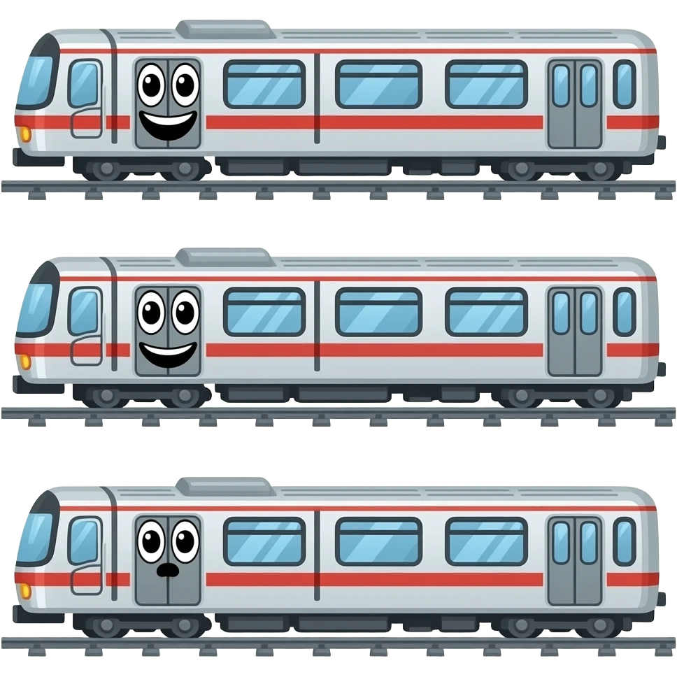 3 underground subway train with doodle faces the first train happy the second looking at the first train and the third train singing emoji