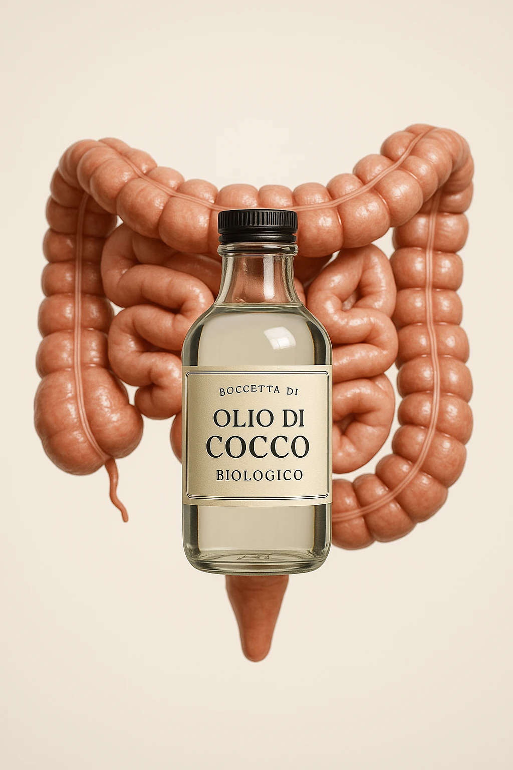BOCCETTA DI OLIO DI COCCO BIOLOGICO (FAI UN ETICHETTA SUL PRODOTTO IN ITALIANO) CHE FLUTTUA IN ARIA DAVANTI A UN INTESTINO UMANO ANATOMICO IN PERFETTA SALUTE, SFONDO CHIARO, iperrealistico 4k emoji