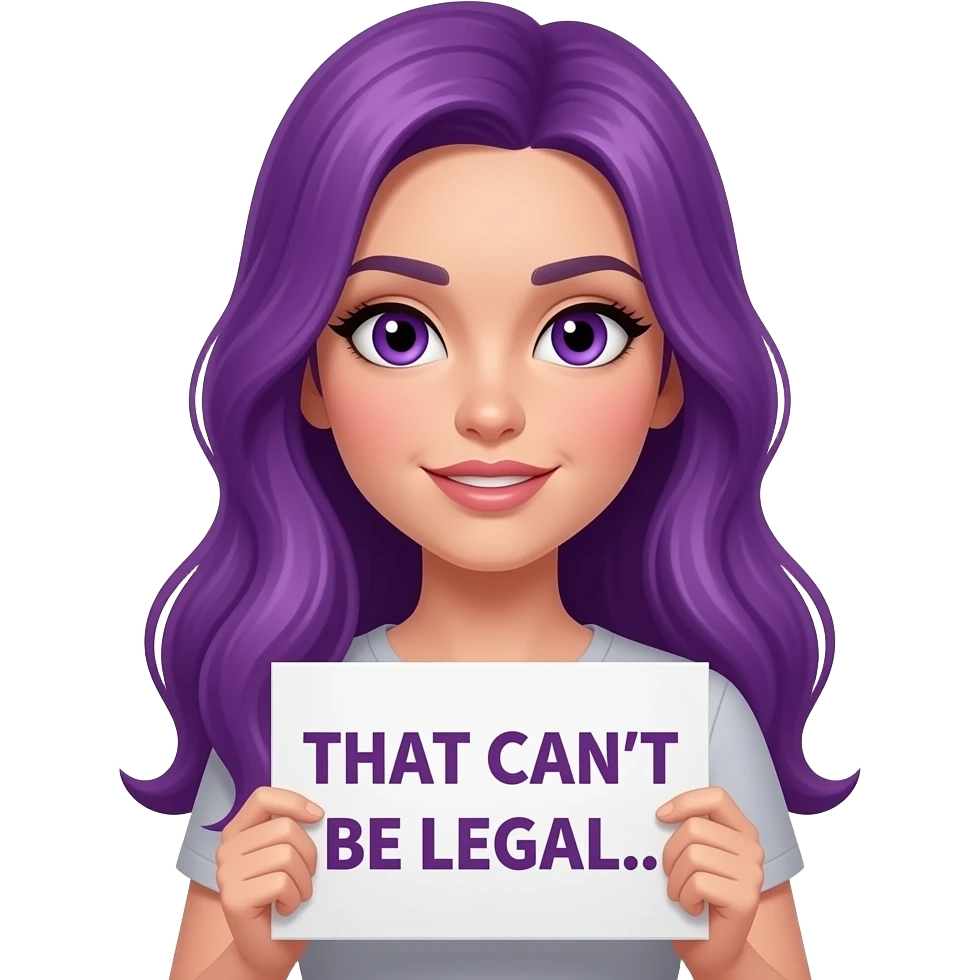 sexy girl with long purple hair and purple eyes holding a THAT CAN'T BE LEGAL... sign emoji