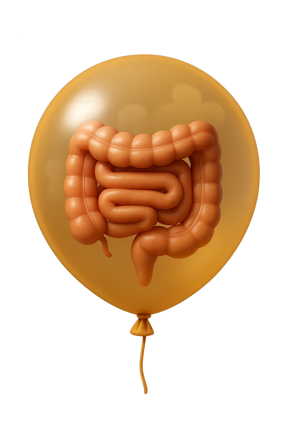 EMOJI STILE IPHONE 3D DI UN INTESTINO CHIUSO IN UN PALLONCINO CHE SIMBOLEGGIA GONFIORE, IPERREALISTICA 4K emoji