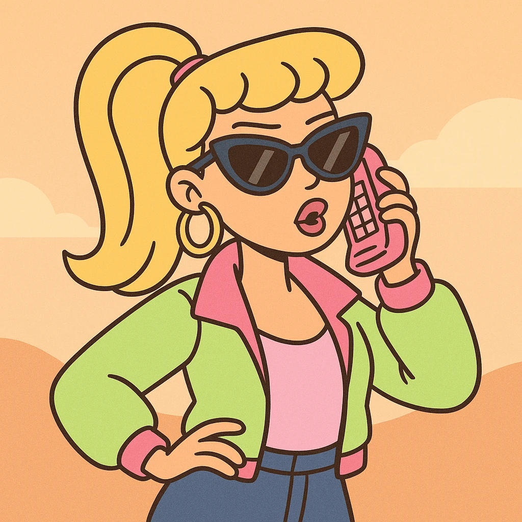valley girl talking on a pink phone, wearing oversized sunglasses, hoop earrings, neon jacket, sassy pose emoji