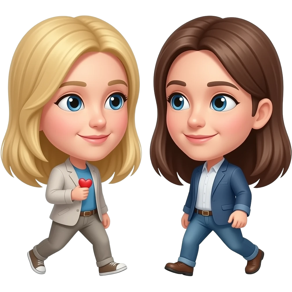 Two people secretly in love walking away from each other with smirks walking in opposite directions but looking back at each other emoji