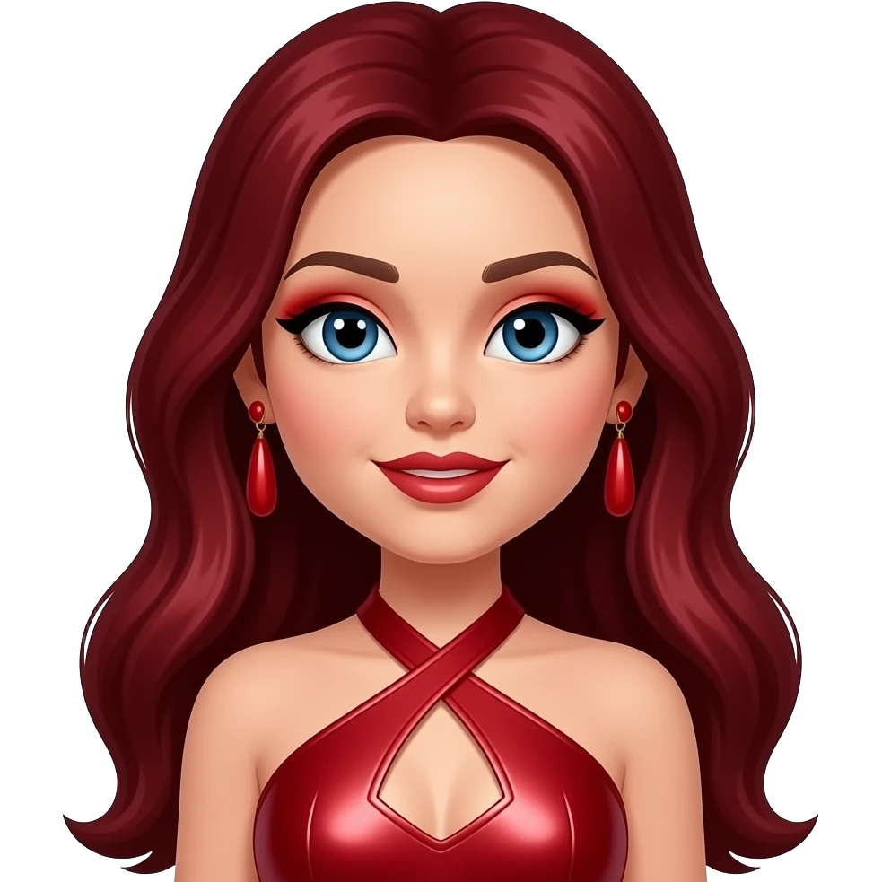 Roxxi from Bratz with blue eyes, long dark red hair, red eyeshadow and lipstick, red metallic halter dress, red earrings emoji