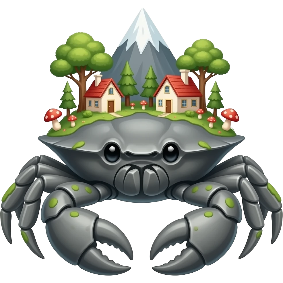 A Gray crab with houses on top of its  in trees on it and also with mushrooms on it  facing forward Giant by a mountain emoji