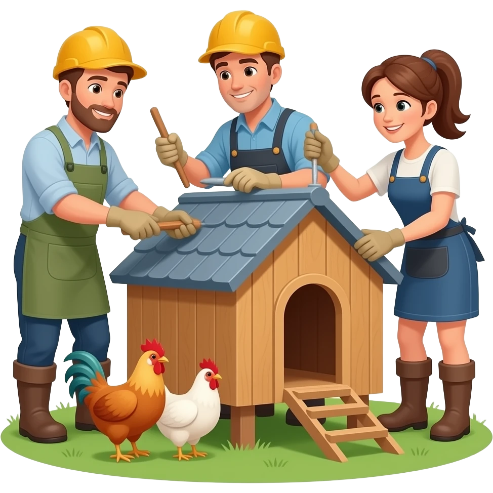 Construire un poulailler avec deux hommes  des bricoleurs homme et bricoleuse deux femme et des poules c emoji