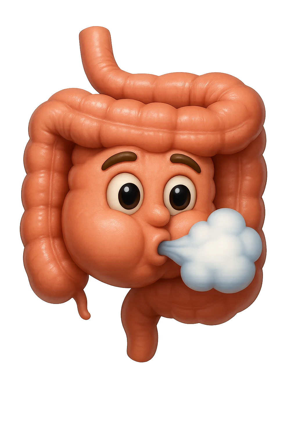 emoji stile iphone di un intestino che ingoia una nuvoletta di aria ben visibile e gli si gonfia la pancia, non fargli il naso, iperrealistico 4k emoji
