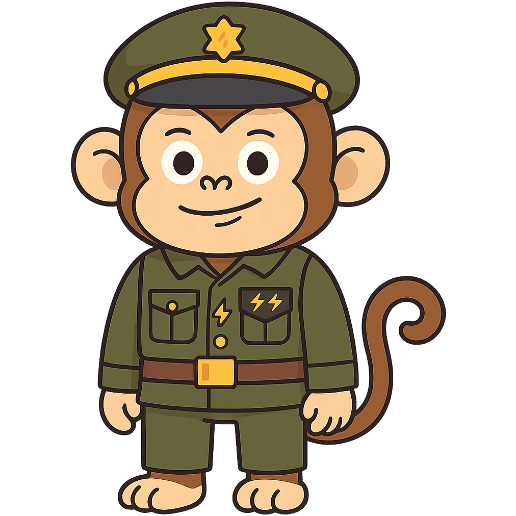 Make the monkey in a military uniform more cartoony style. Add the insignia of the Monkey Army on the uniform, consisting of two lightning bolts. Keep the background transparent. emoji