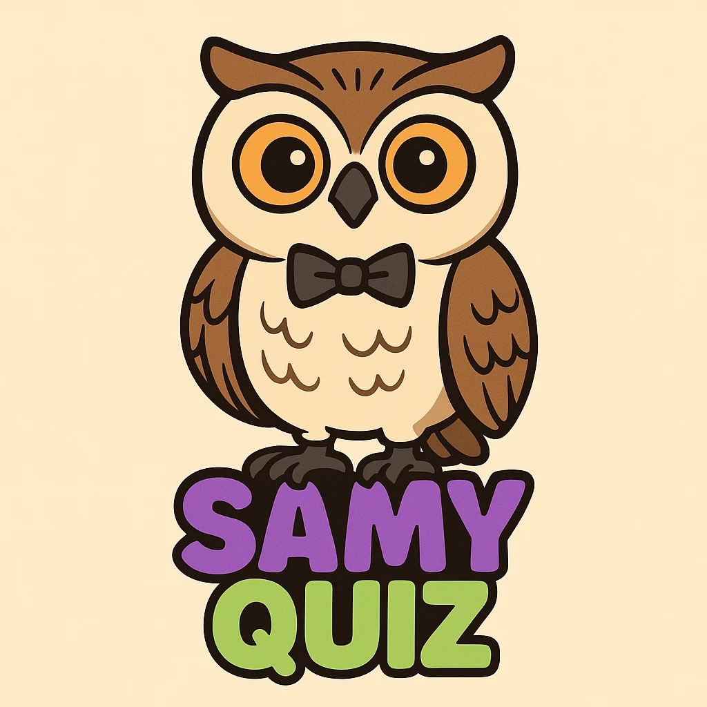 Create a cartoon style emoji identical to the reference image. Do not change anything in the design, colors, or text. Keep the owl with bow tie and the text 'SAMY QUIZ' in the same colors and style as shown in the reference. emoji