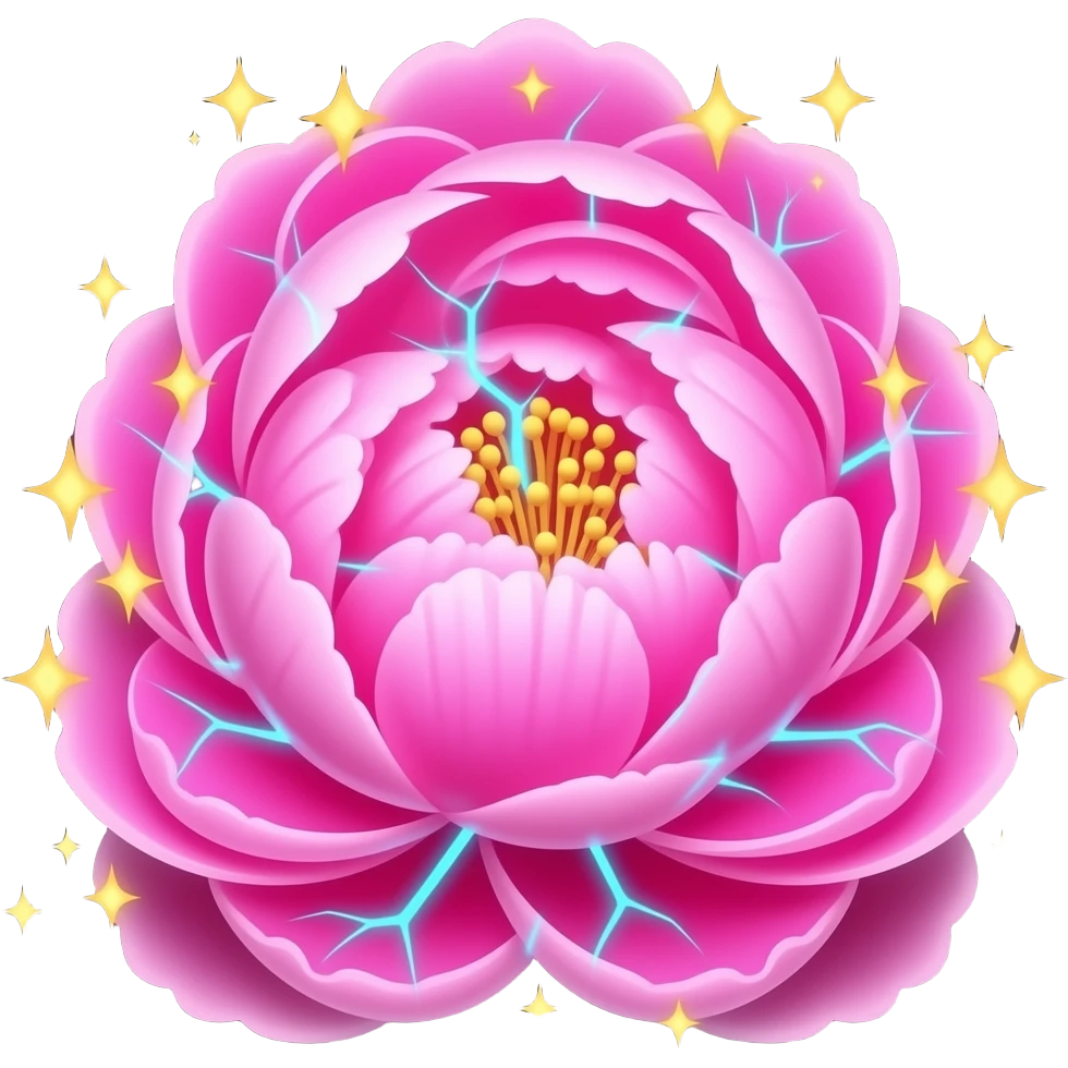 A lush, Peony letter 'A' with petals that glow with an internal neon pink light. Fine electric-blue veins run through the petals, surrounded by floating golden sparkles. Isolated on a black background for maximum glow effect emoji