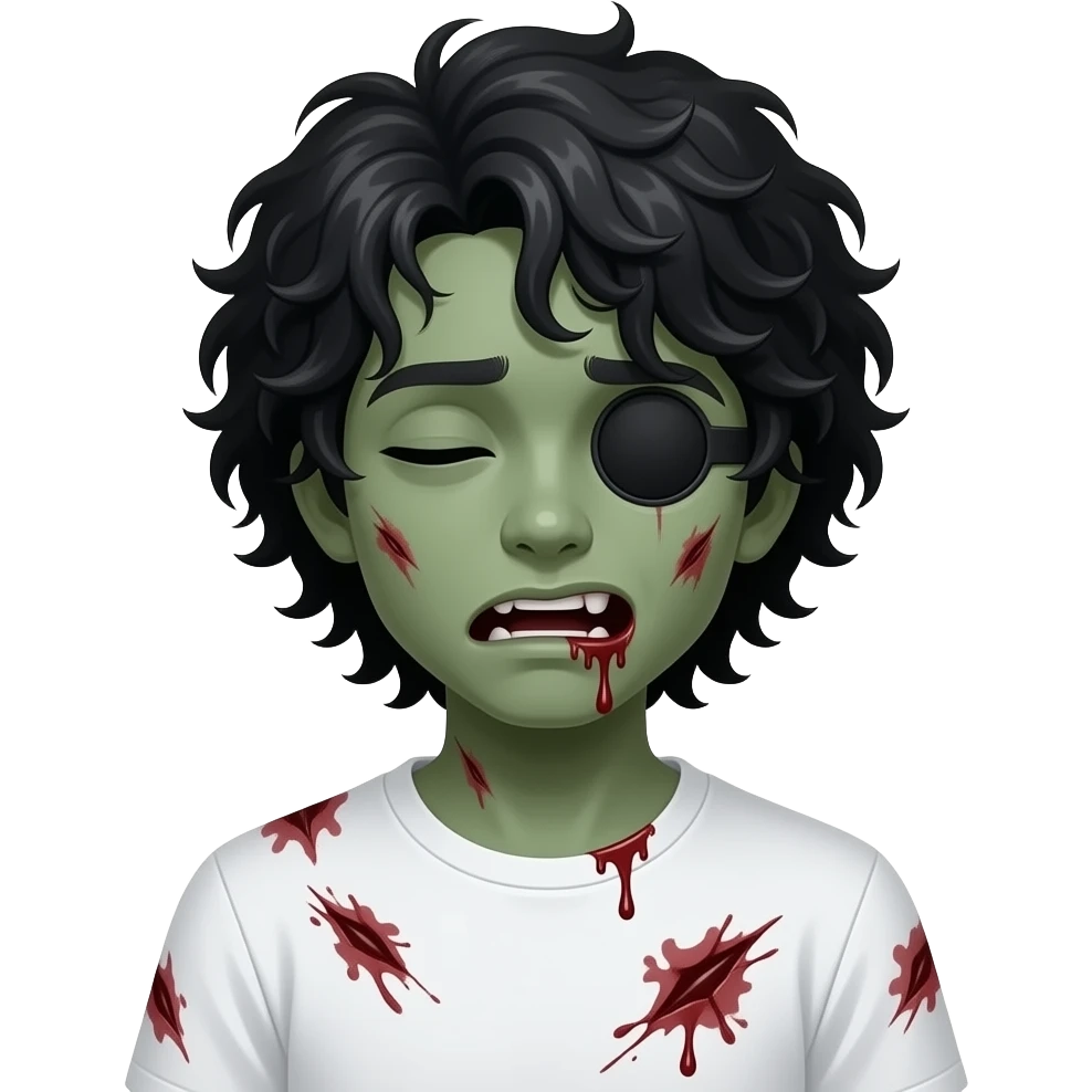 dark green skin zombie, black long curly 3c type hair hanging over forehead , mouth slightly open with blood leaking out of mouth, wounds and on zombie, white regular tee shirt, a young teenager, no wrinkles on face at all, eyes blacked out all the way with one eye shut, bloody cuts, one eye shut emoji