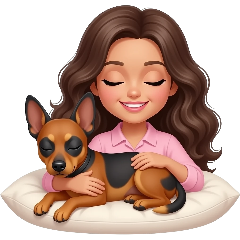 A girl with long, wavy dark brown hair, brown eyes, light to medium skin, long eyelashes, light pink lipstick, smiling, wearing a light pink blouse, sleeping with a brindle pinscher dog on a cozy cushion. emoji