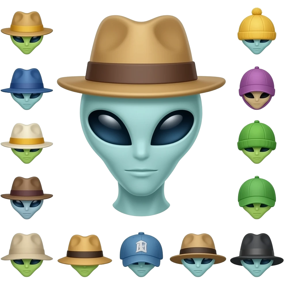 A alien wearing 15 different hats emoji