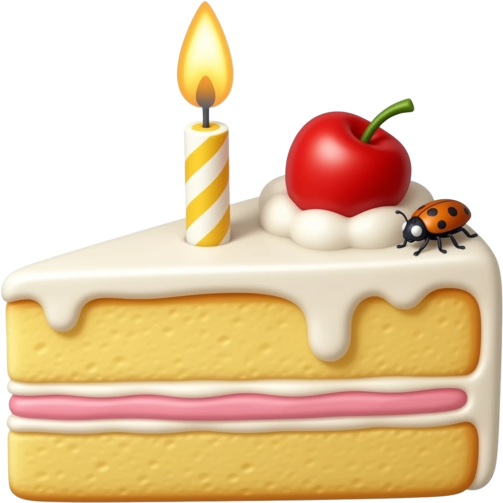 Flat emoji of a cake slice with one candle and a tiny bug icon near the edge, bold outline, minimal shading, transparent background, square, no text. emoji