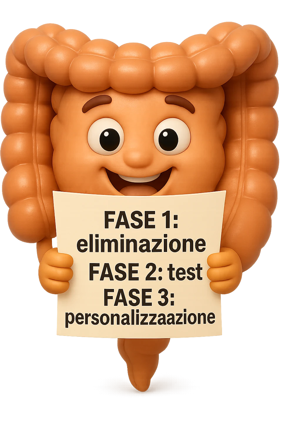 emoji stile iphone 3d di un intestino che tiene in mano un foglio con la scritta "FASE 1: eliminazione, FASE 2: test, FASE 3: personalizzazione, IPERREALISTICO 4K emoji