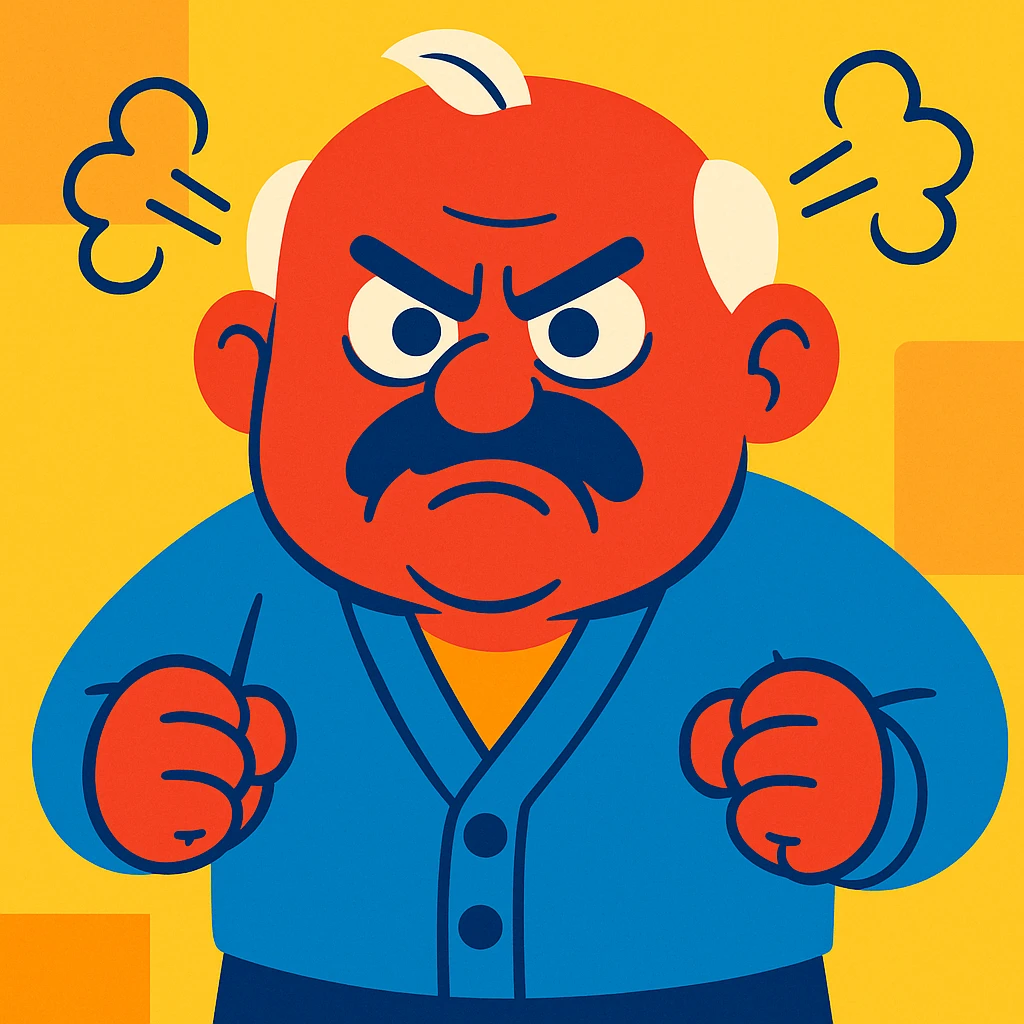 Henio from Tesco Poland ad, angry expression, vibrant toon style emoji