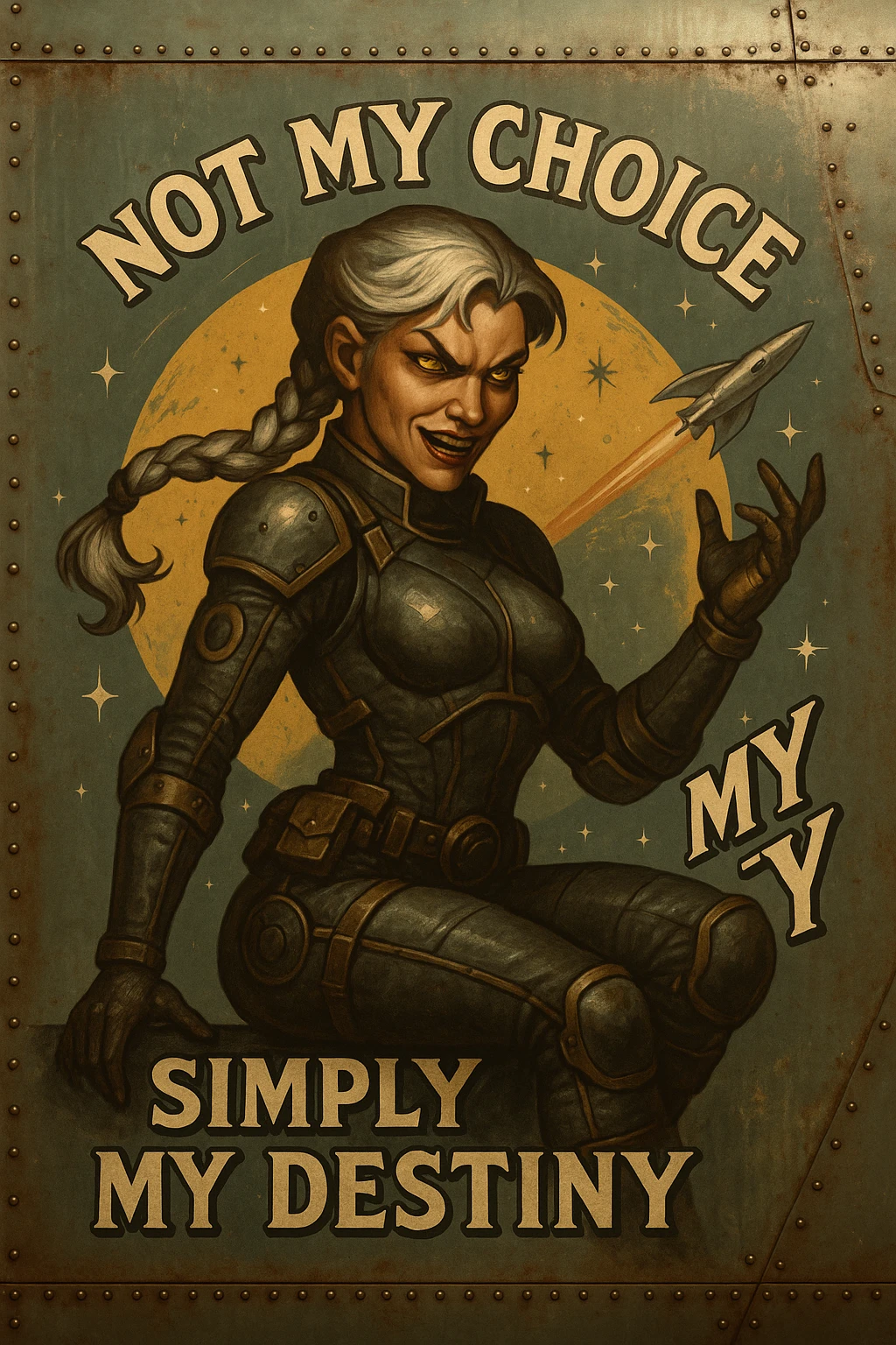 a retro military pinup fuselage decoration for the motto " not my choice, simply my destiny "
; female figure, white hair 1 braid, gold yellow eyes, spacer, fierce, exo-rogue, menacing yet taunting emoji