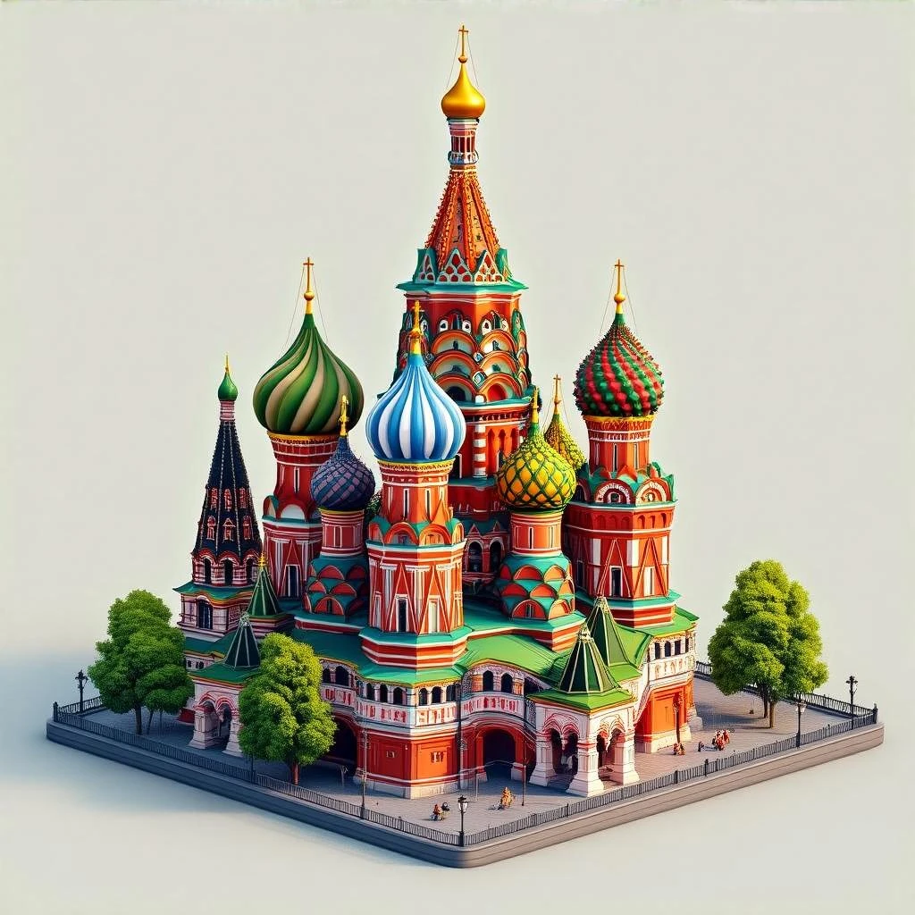 Isometric illustration of Moscow, featuring photorealistic Saint Basil's Cathedral with colorful onion domes, highly detailed in semi-realistic style, balanced between stylized and realistic, 3D miniature effect with a slight hand-painted touch - transparent background emoji
