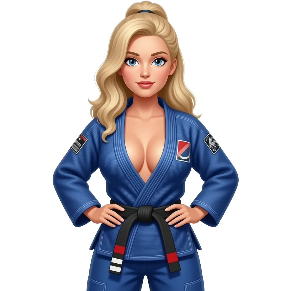 Sexy blonde woman with big boobs wearing BJJ gi full body emoji