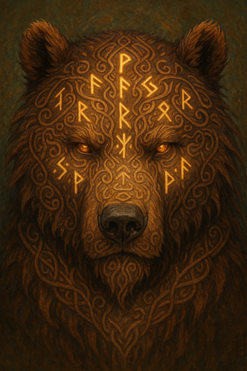 a bear's head decorated with ancient runes, tribal fantasy emoji