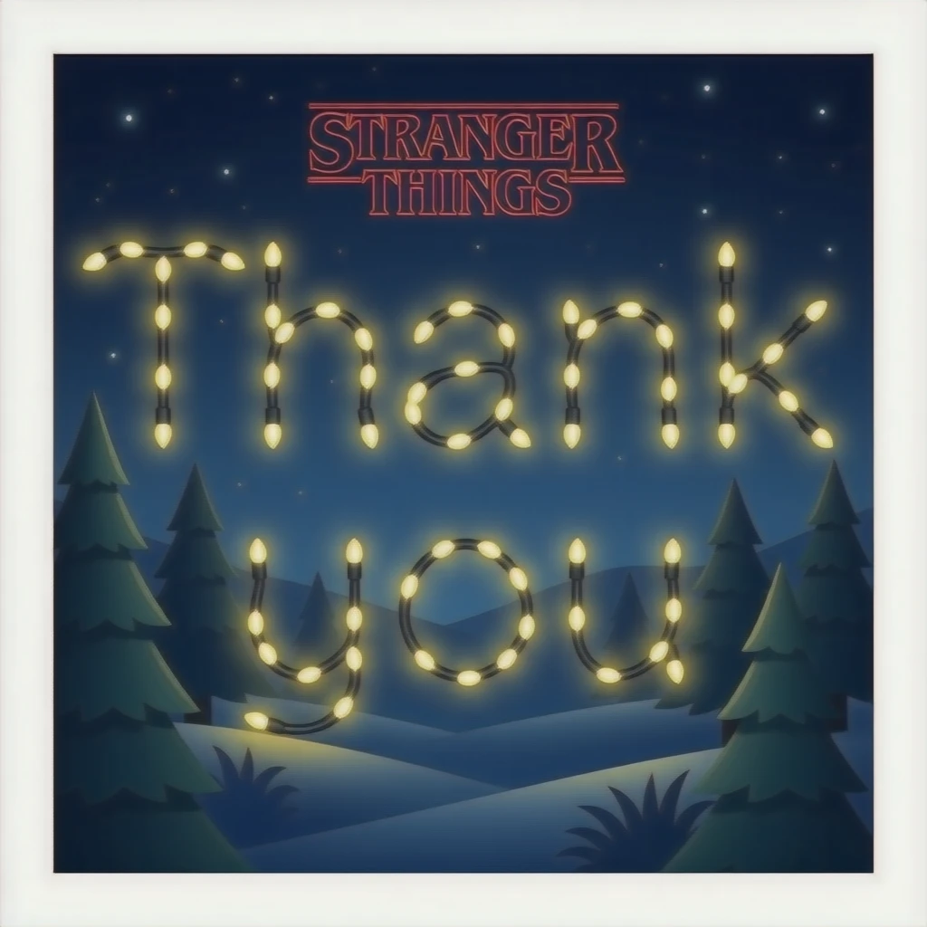 Stranger things Christmas lights spelling out Thank you emoji