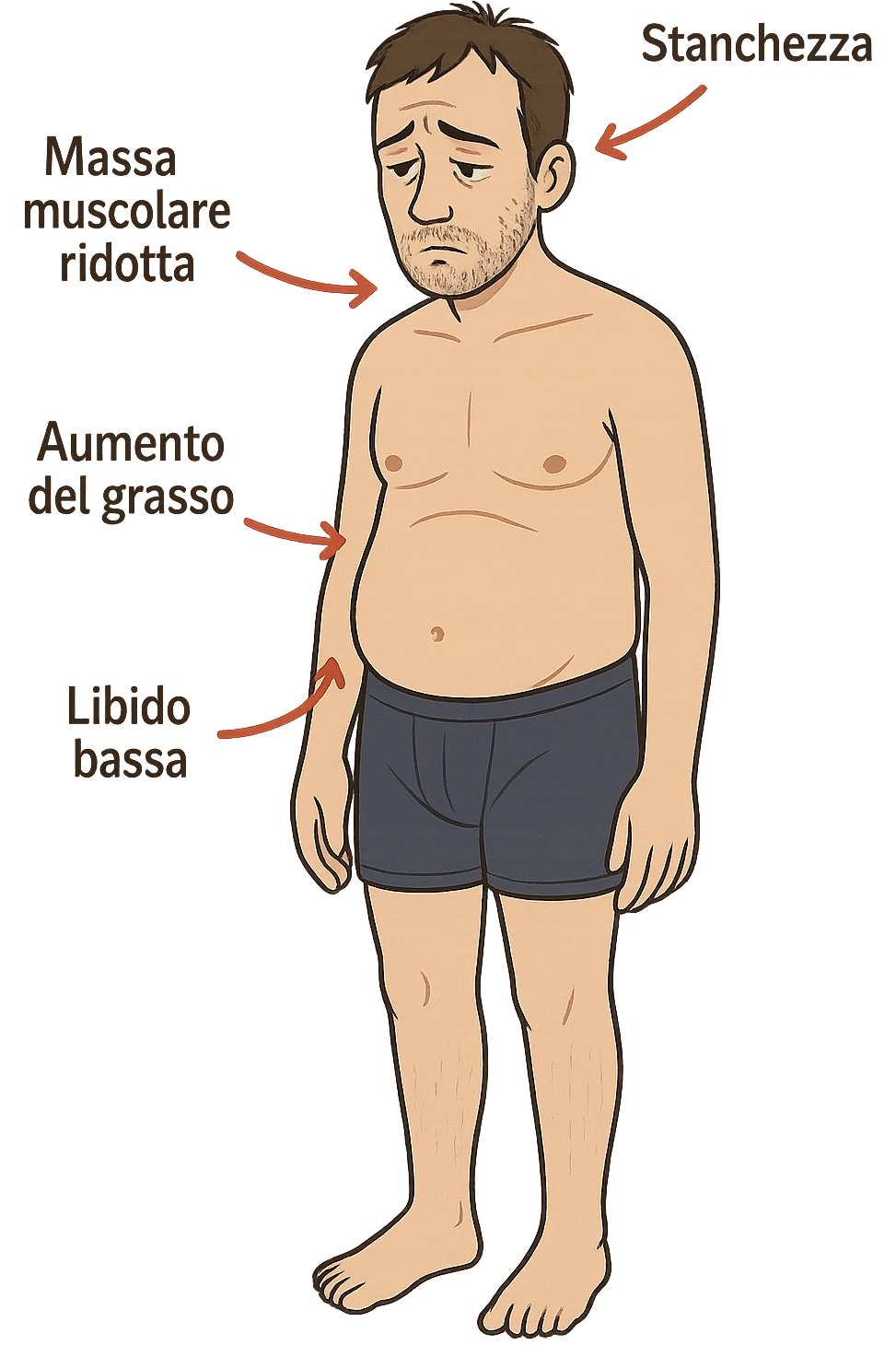 un uomo adulto in piedi, con postura stanca e muscolatura ridotta. Attorno al corpo, frecce rosse puntano verso zone chiave come viso (barba rada), torace (massa muscolare ridotta), addome (aumento del grasso), e area pelvica (libido bassa). Accanto a ogni freccia, etichette in italiano: “Stanchezza”, “Massa muscolare ridotta”, “Aumento del grasso”, “Libido bassa”, “Barba rada”. Sfondo bianco, stile educativo e chiaro. emoji