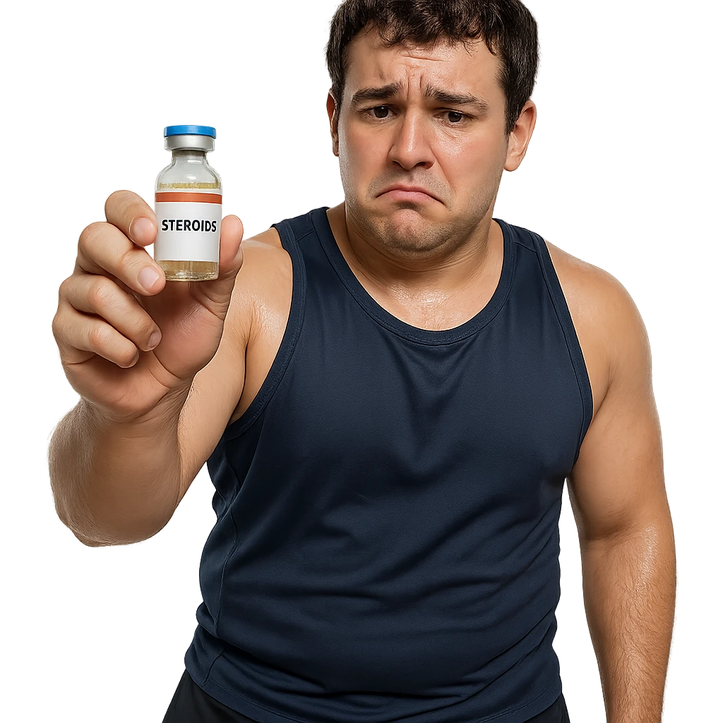 young athlete with muscular but not defined physique, shiny skin, insecure look, sportswear, holding bottle of anabolic steroids, first cycle atmosphere, isolated on white background emoji