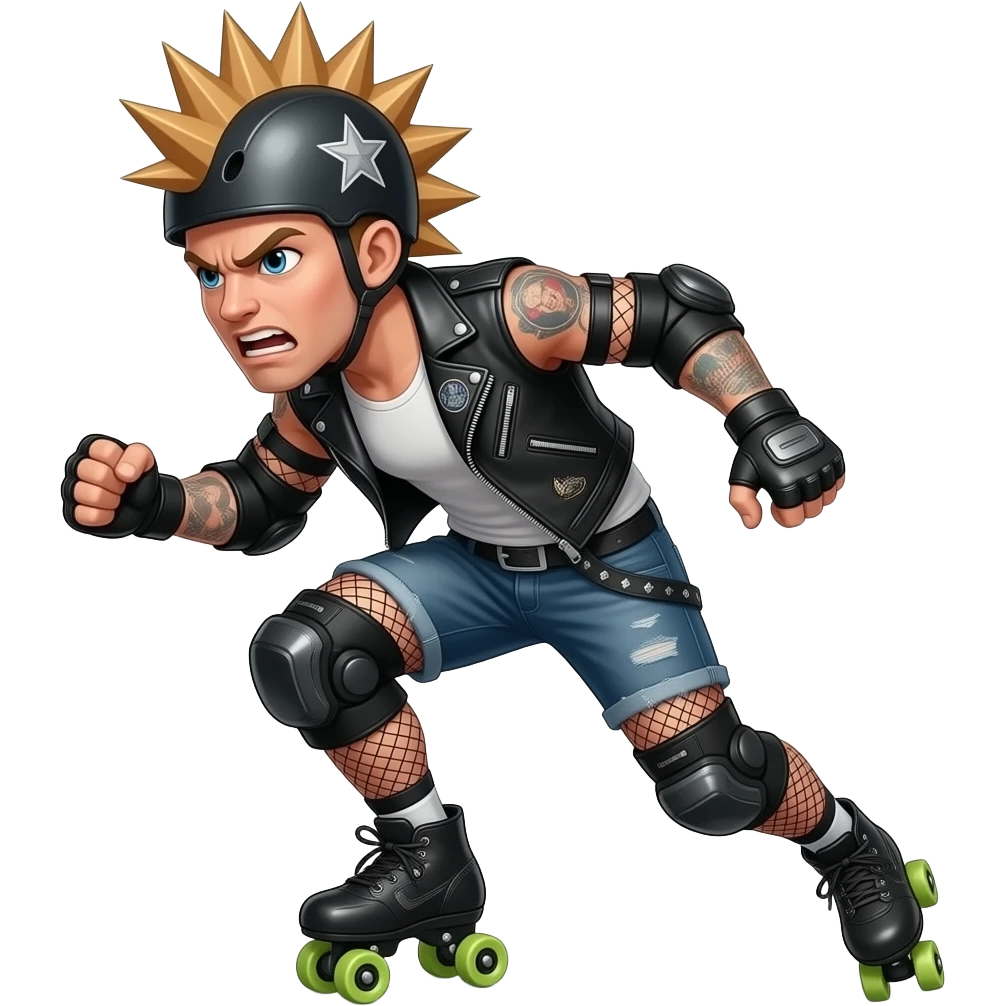 Rollerderby jammer in action in a punk and I don't give a fuck style with the star on the head emoji