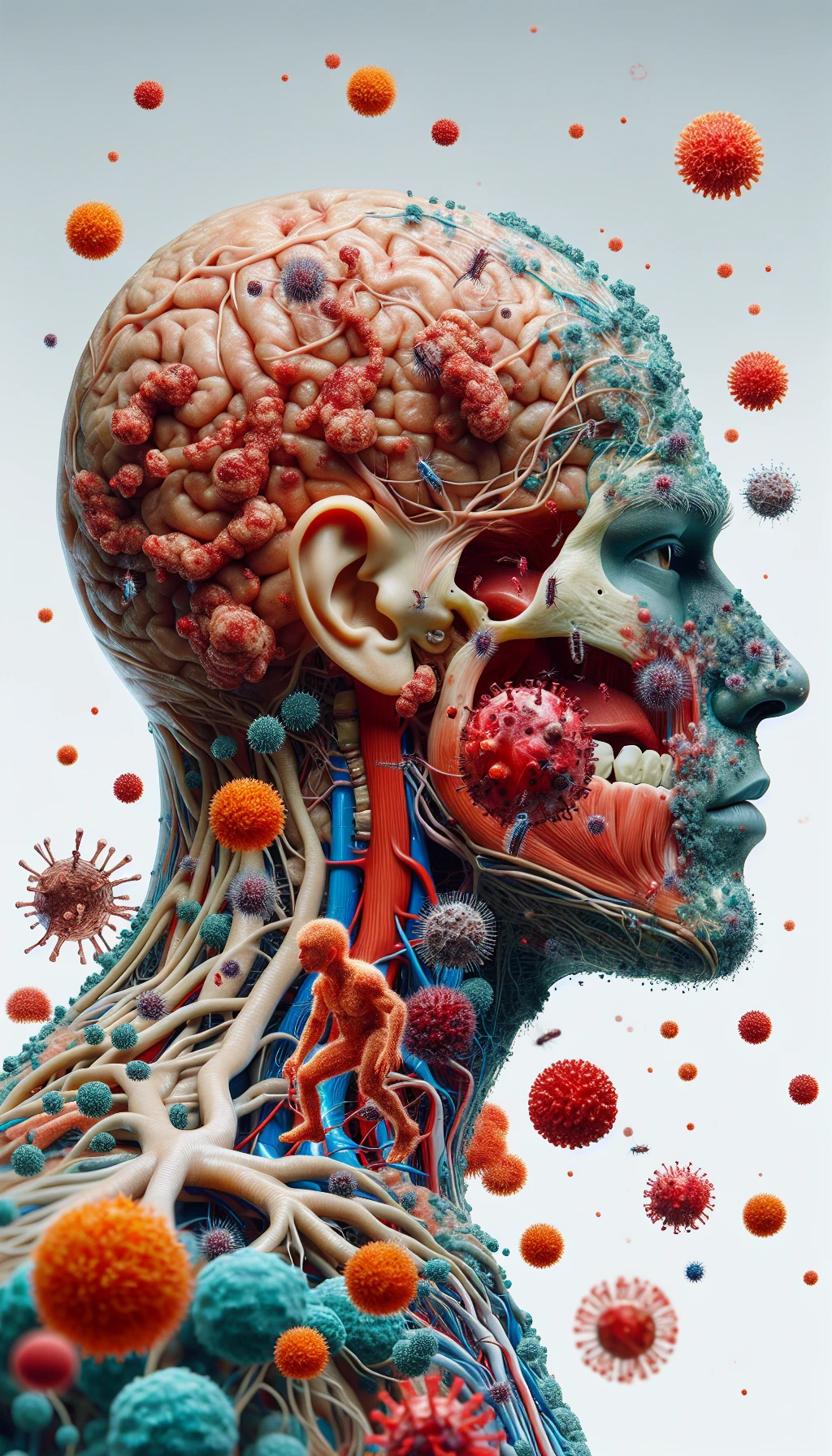 corpo umano anatomico di profilo con virus e parassiti che cercano di attaccarlo , isolato su sfondo bianco, iperrealistico 4k emoji