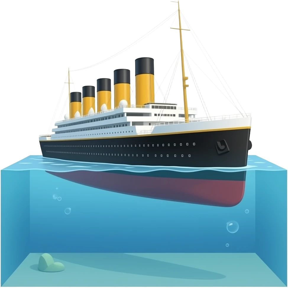 The sunken ship Titanic floats above a shallow pool of water emoji