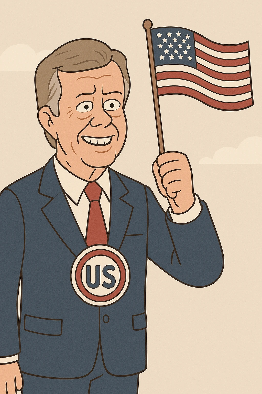 US President Carter  wearing a blue suit with a large US badge on his chest holding an American Flag emoji