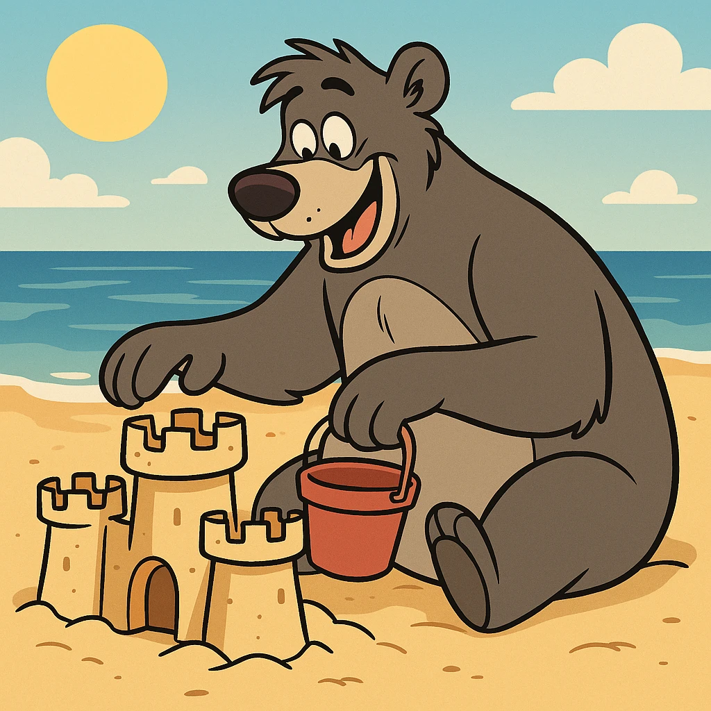 Baloo the bear building a sandcastle on the beach, playful and sunny atmosphere, cartoon style emoji