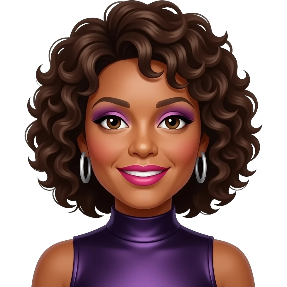 Whitney Houston with dark brown eyes, dark brown 80s curly bob hair, lilac eyeshadow, hot pink lipstick, dark purple metallic high neck dress, silver earrings emoji