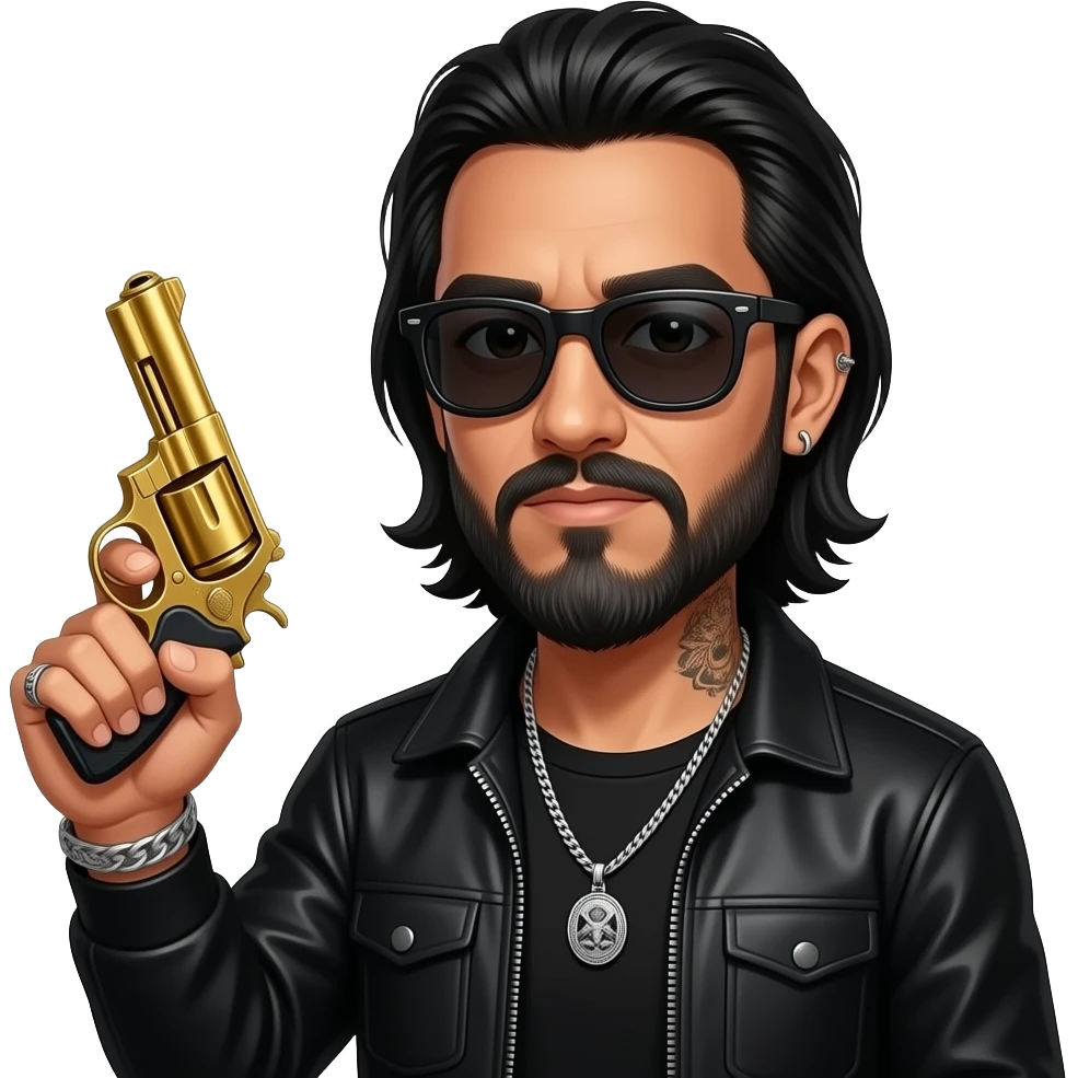 handsome, manly Latino podcast host with black colored eyes wearing black with silver jewelry, with medium length hair, a very long, lightly graying beard and tattoos, his ear and nose pierced, dark sunglasses, holding a gold pistol with a smoldering face emoji