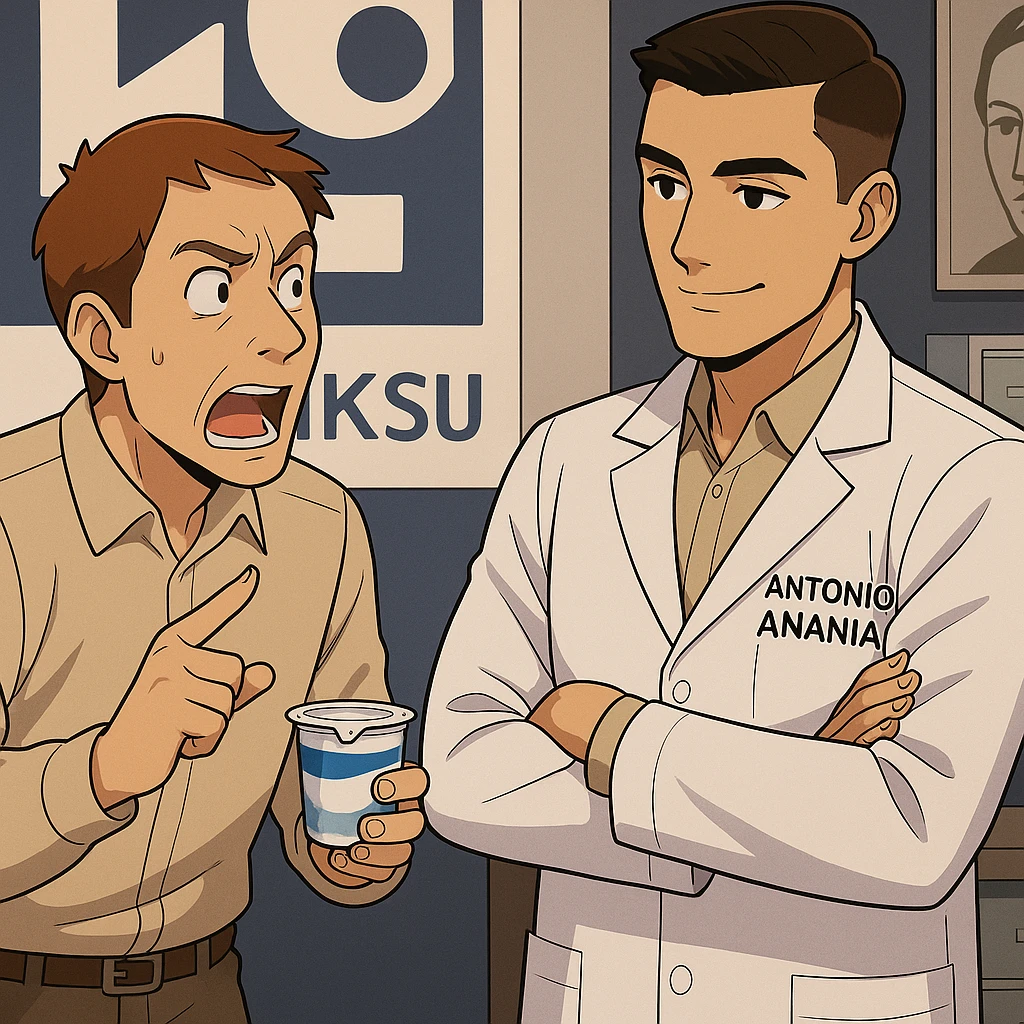 fai un webtoon manga a colori con questo stile, in cui un uomo chiede al kinesiologo con il camice bianco (fagli anche la scritta "ANTONIO ANANIA" SUL CAMICE, una domanda e il kinesiologo gli risponde, L'UOMO INDICA LO YOGURT CHE HA IN MANO ED è MOLTO ALLARMATO NEL FARE LA DOMANDA. non fare i fumetti però, fai solo in modo che sembri stiano parlando emoji